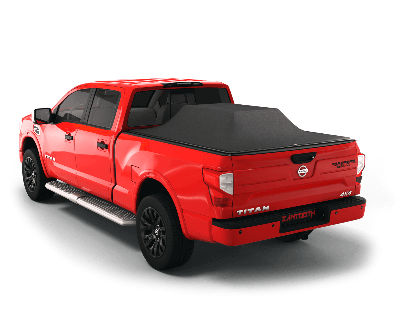 Red Nissan Titan with gear in the truck bed and the Sawtooth Stretch tonneau cover expanded over cargo load